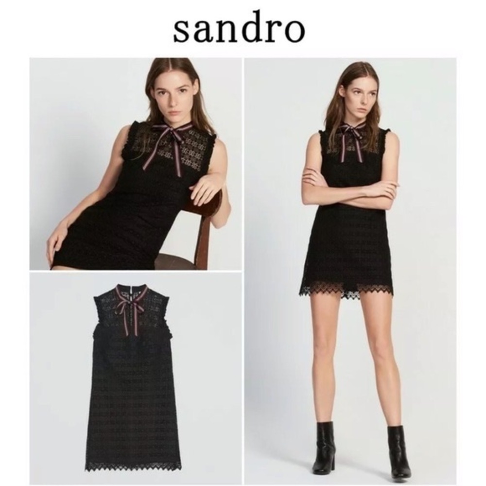 Sandro Black Tie-Neck Lace Mini Dress Size 1